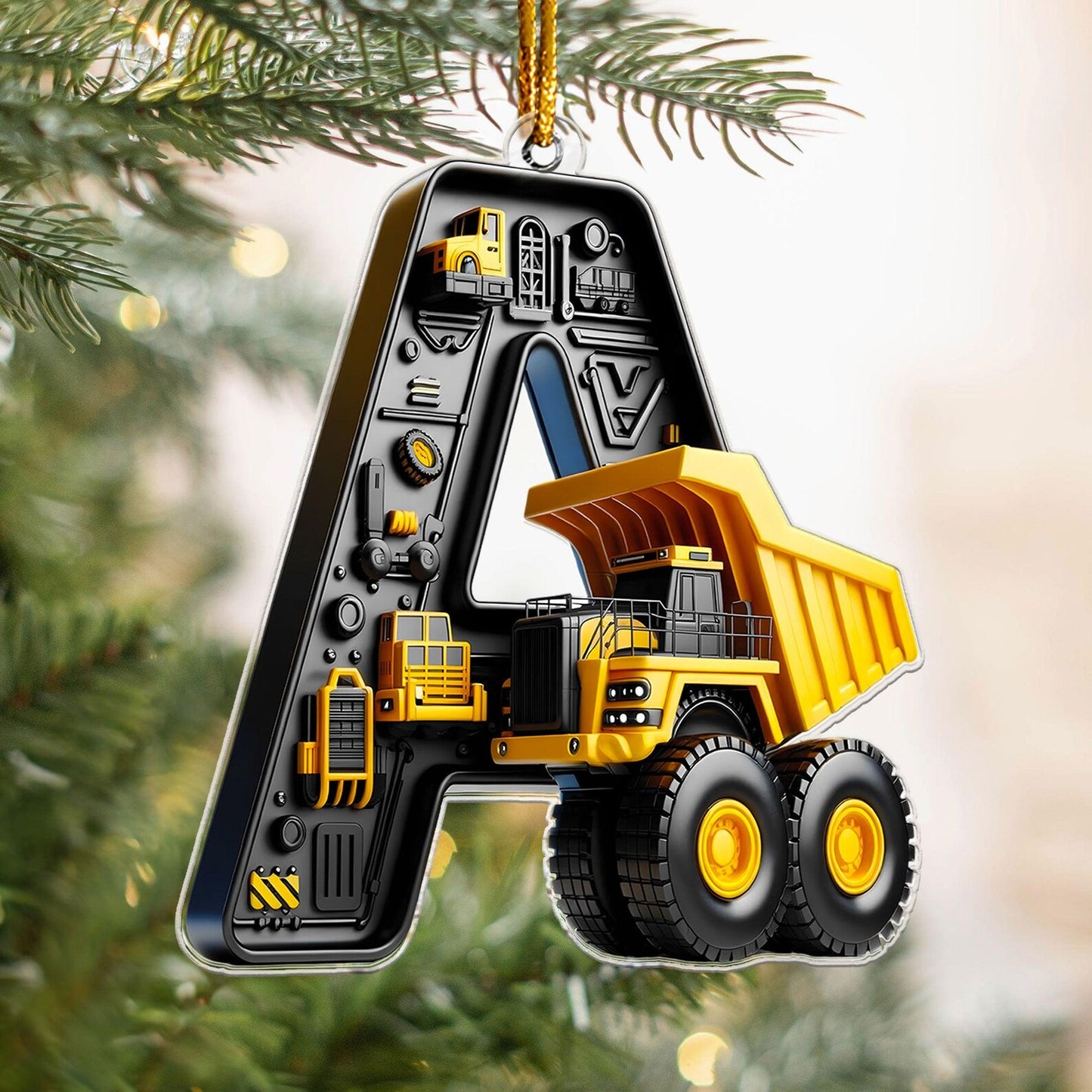 Personalized Construction Vehicle Letter Ornament 2024, Custom Initial Letter Truck Tractor Ornament ON0970