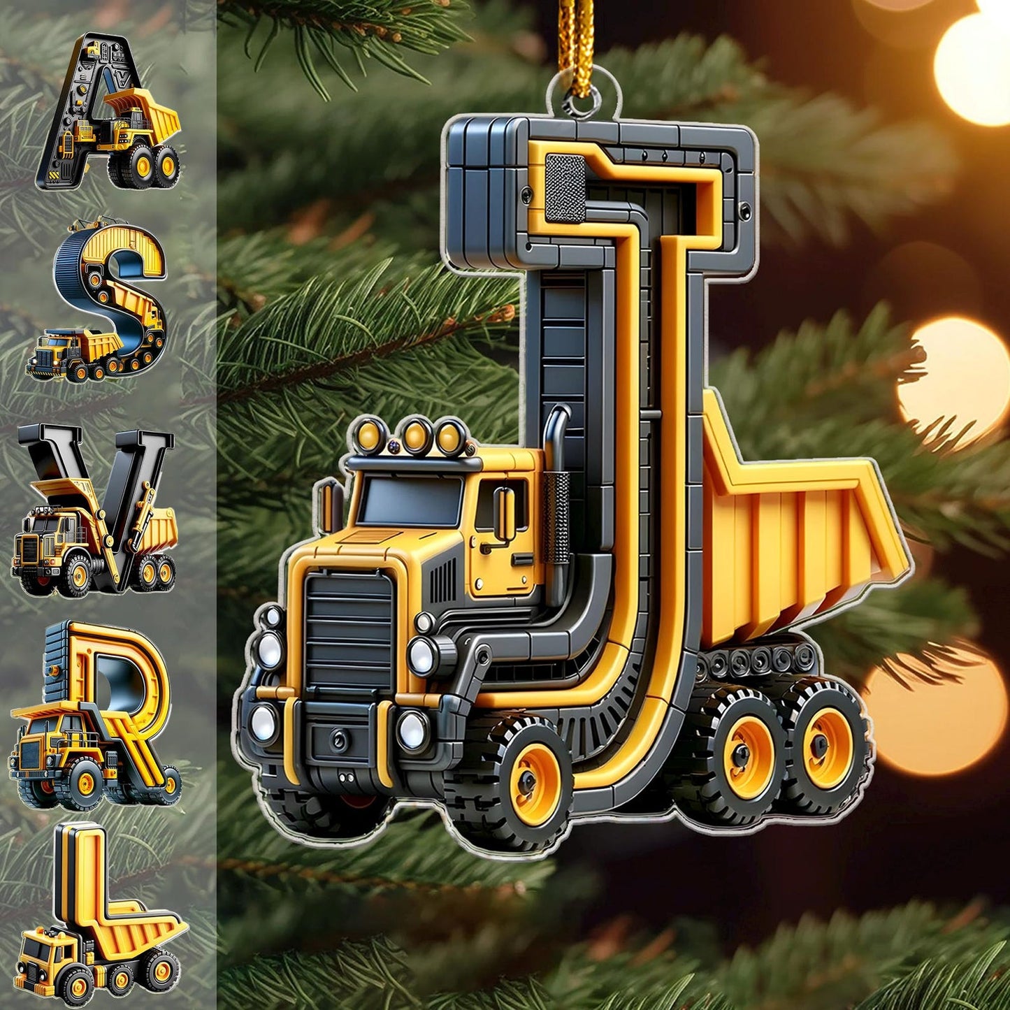 Personalized Construction Vehicle Letter Ornament 2024, Custom Initial Letter Truck Tractor Ornament ON0970