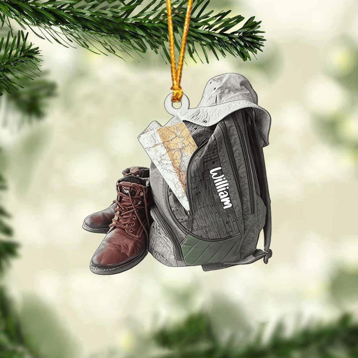 Personalized Hiking Bag Shoes Ornament, Custom Name Hiking Lovers Christmas Ornament ON1047