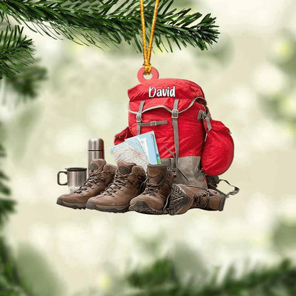 Personalized Hiking Bag Shoes Ornament, Custom Name Hiking Lovers Christmas Ornament ON1047