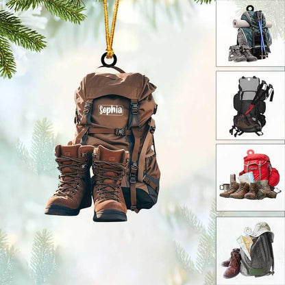 Personalized Hiking Bag Shoes Ornament, Custom Name Hiking Lovers Christmas Ornament ON1047