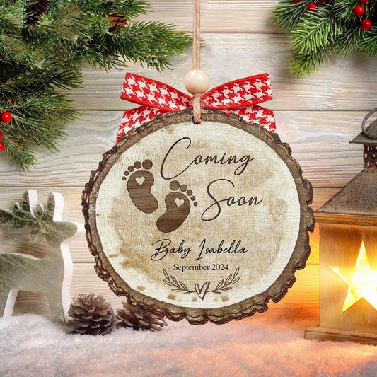 Personalized Baby Coming Soon Pregnancy Announcement Christmas Wooden Ornament, Custom Baby First Christmas Ornament ON0867