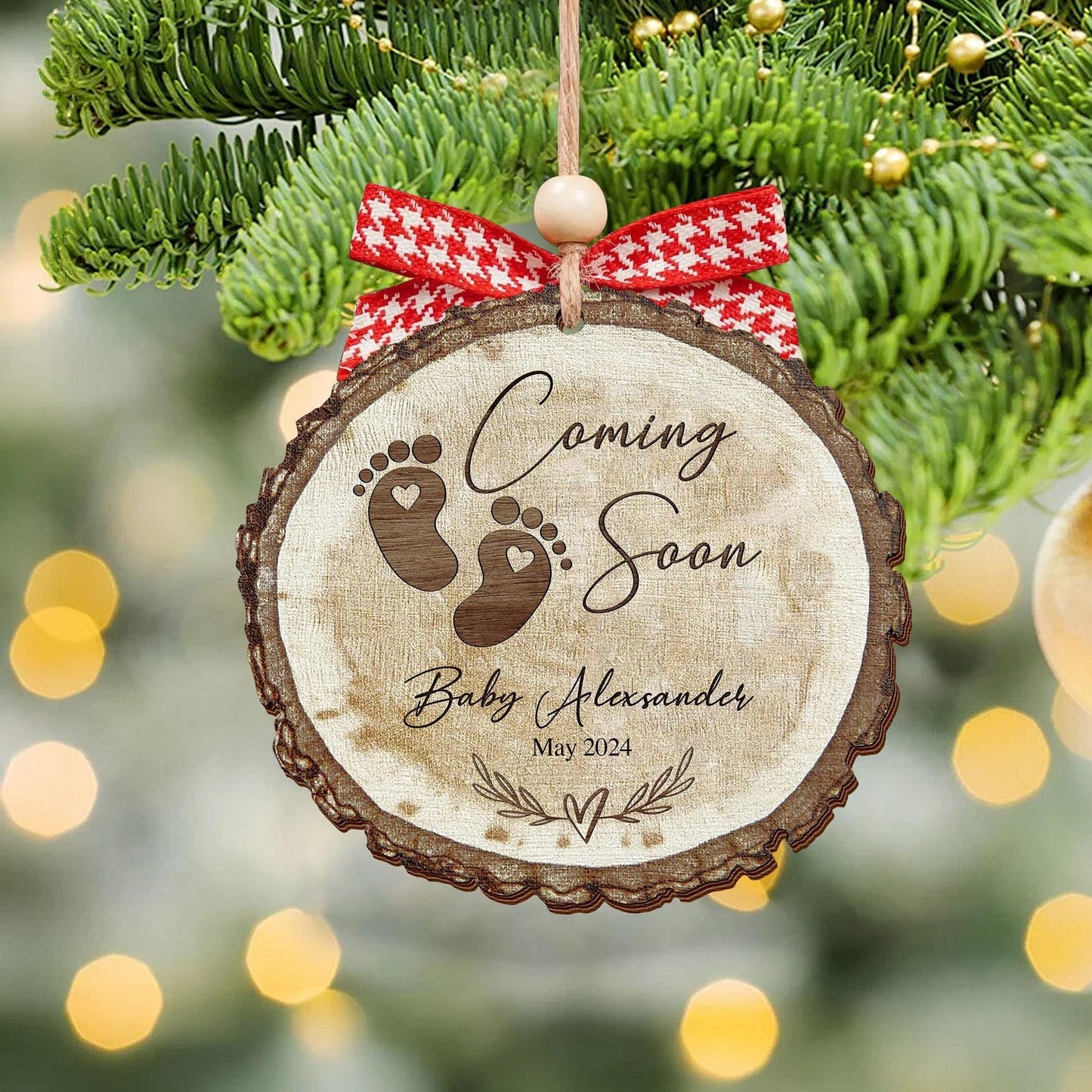 Personalized Baby Coming Soon Pregnancy Announcement Christmas Wooden Ornament, Custom Baby First Christmas Ornament ON0867