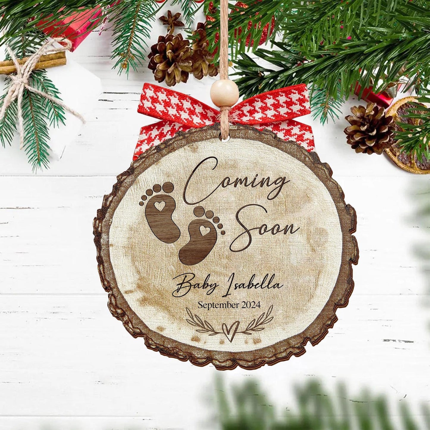 Personalized Baby Coming Soon Pregnancy Announcement Christmas Wooden Ornament, Custom Baby First Christmas Ornament ON0867