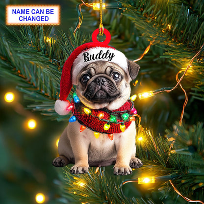 Custom Name Cute Sitting Pug Dog with Santa Hat Christmas Ornament, Personalized Pug Dog Ornament ON1636