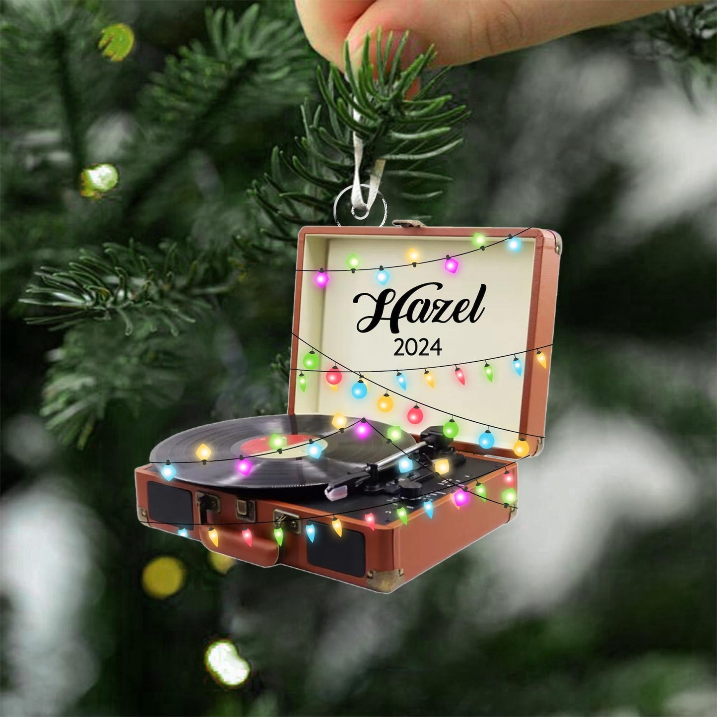 Personalized Vinyl Record Christmas Light Ornament, Custom Name Record Player Ornament ON1576