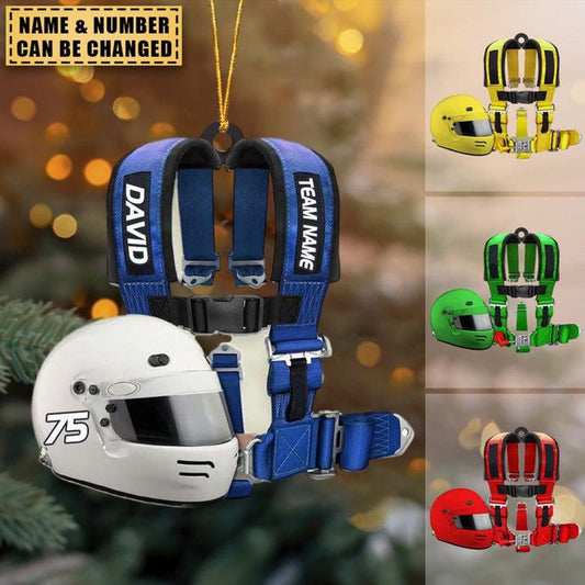 Personalized Racing Seat Belt And Helmet Christmas Ornament 2024, Custom Name Number Racers Racing Lovers Ornament ON1016