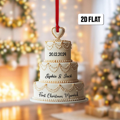 Personalized Wedding Cake Ornament, Custom First Christmas Married Ornament ON1486