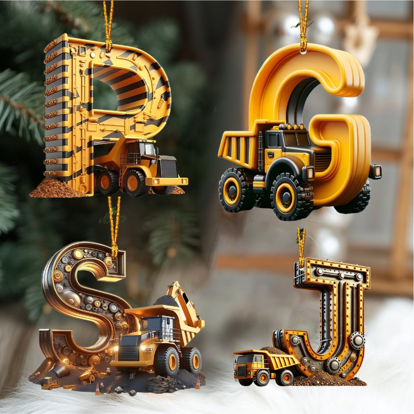 Construction Vehicle Letter Christmas Ornament, Initial Letter Truck Tractor Ornament ON0882