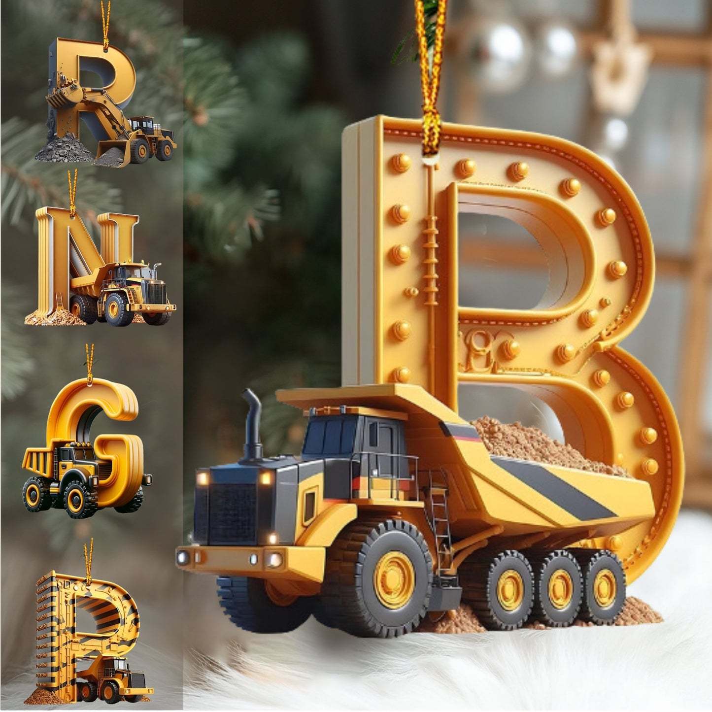 Construction Vehicle Letter Christmas Ornament, Initial Letter Truck Tractor Ornament ON0882