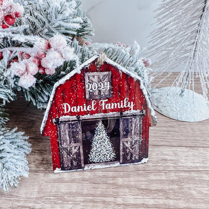 Personalized Red Barn Christmas Ornament, Custom Family Name Farmhouse Ornament ON1332