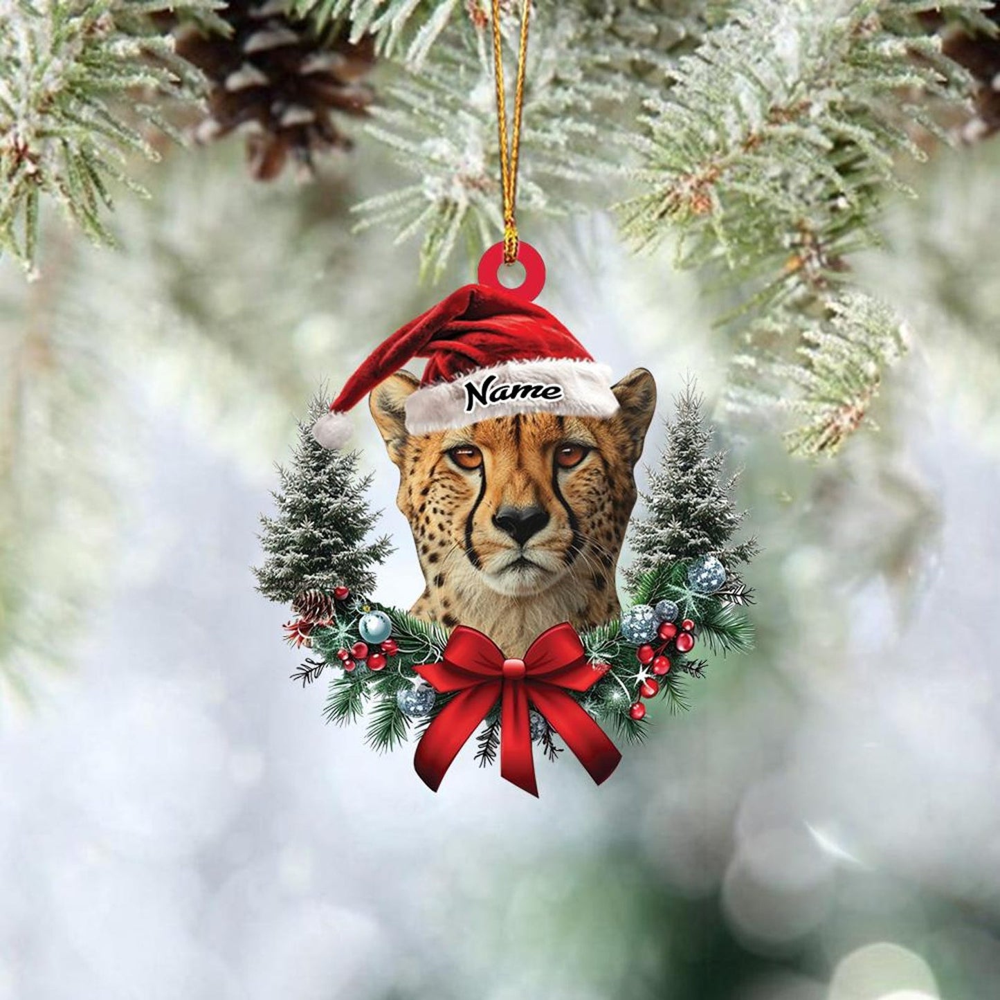 Personalized Cheetah Christmas Wreath Ornament, Custom Name Cheetah Lovers Ornament ON1273