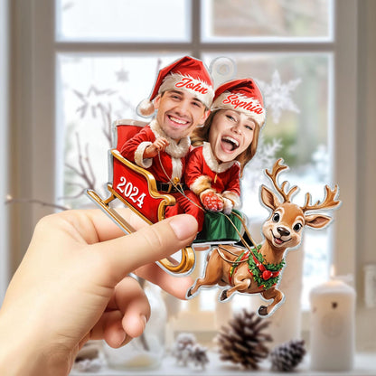 Custom Photo Couple Ride Reindeer Christmas Ornament, Personalized Photo Couple Ornament ON1162