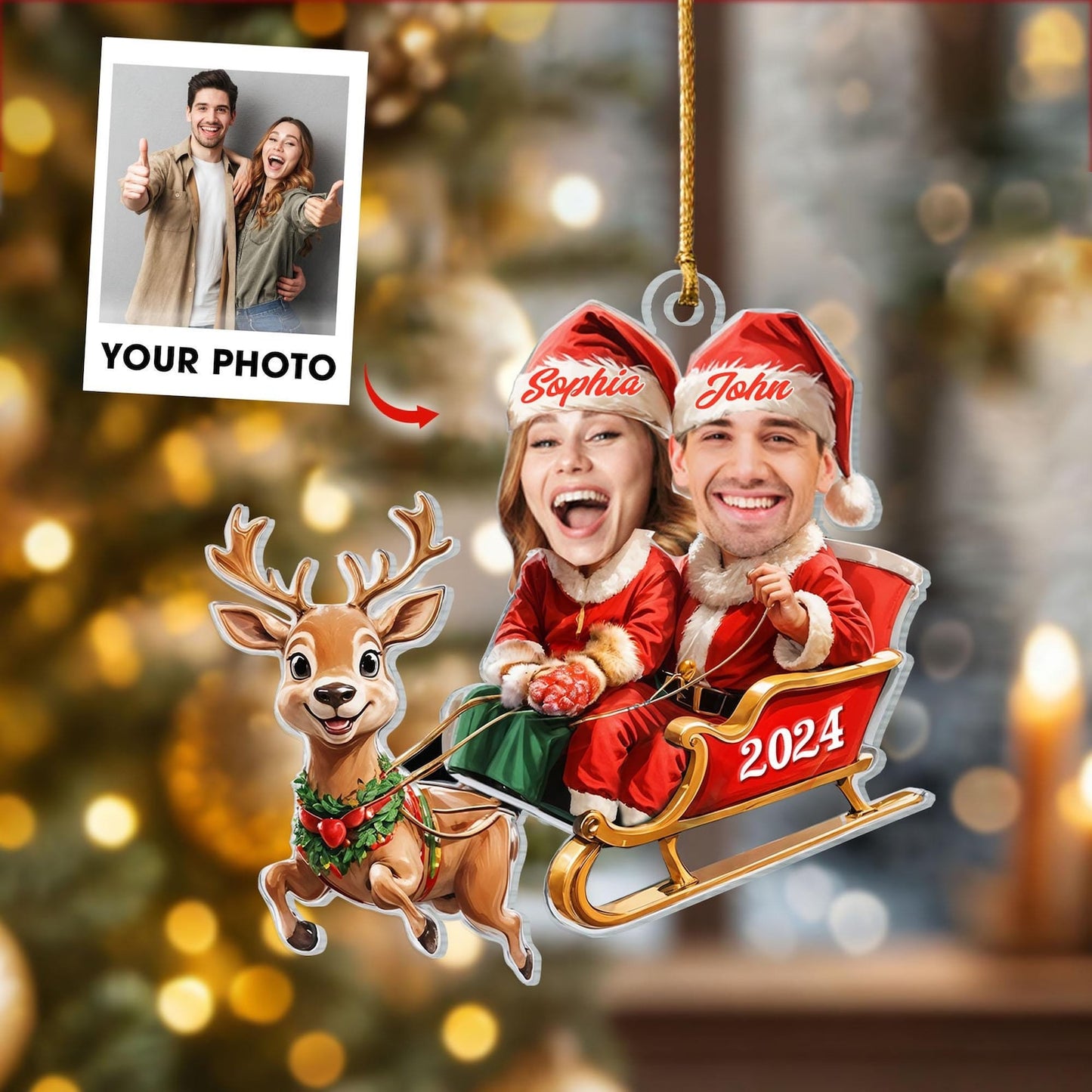 Custom Photo Couple Ride Reindeer Christmas Ornament, Personalized Photo Couple Ornament ON1162