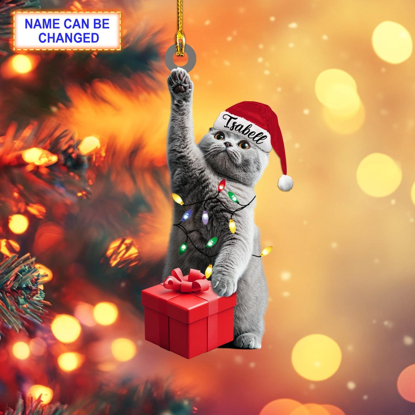 Personalized British Shorthair Cat With Santa Hat Christmas Light Ornament, Custom Name British Shorthair Cat Ornament ON1459