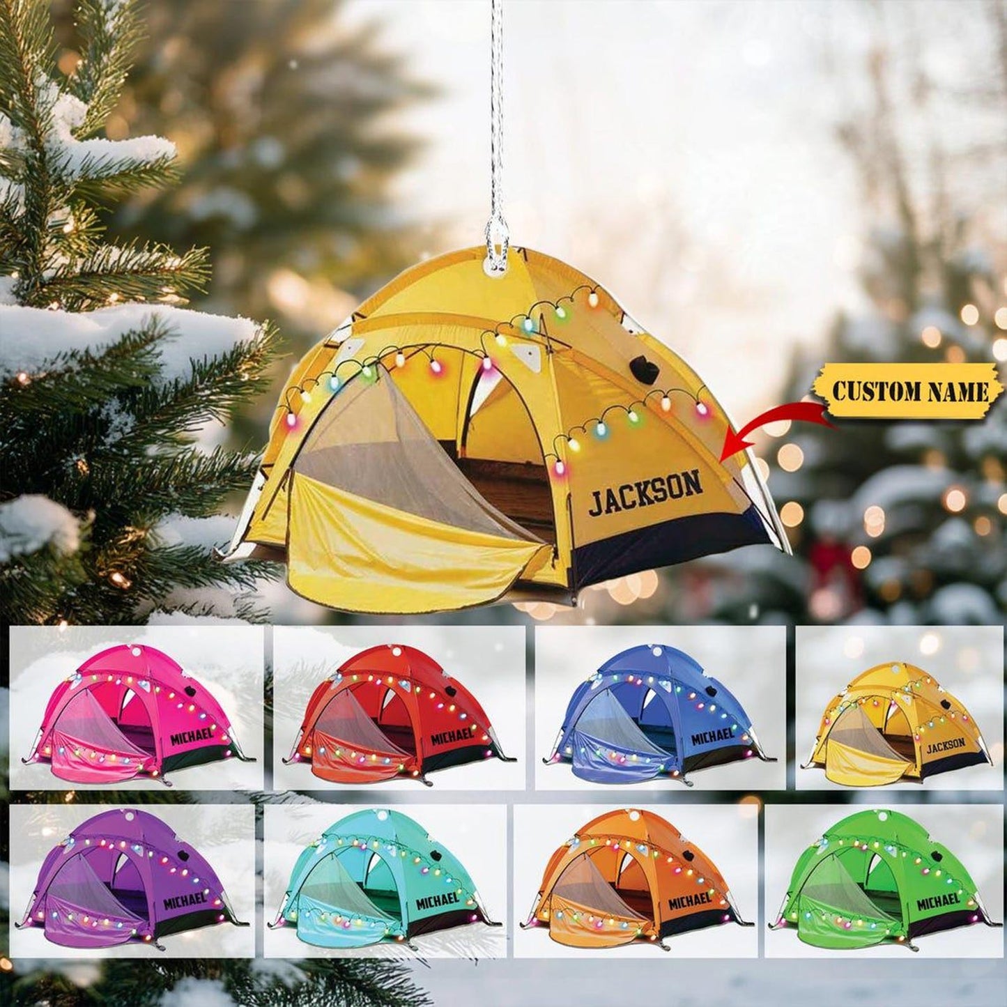 Personalized Camping Tent Christmas Light Ornament, Custom Name Camping Lover Ornament ON1500