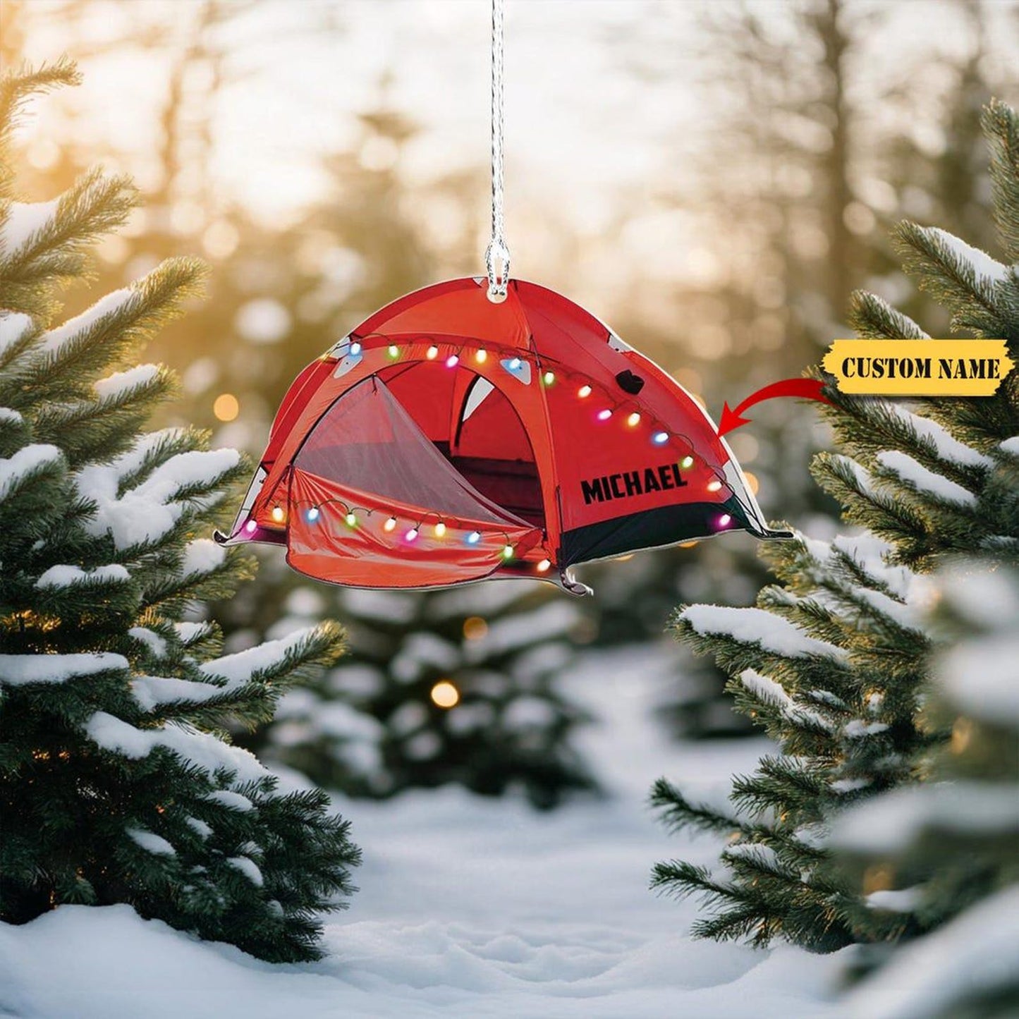 Personalized Camping Tent Christmas Light Ornament, Custom Name Camping Lover Ornament ON1500