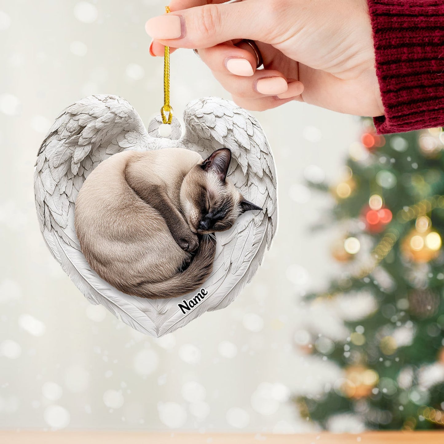 Personalized Siamese Cat Sleeping Angel Wings Ornament, Custom Name Siamese Cat Christmas Ornament ON1593