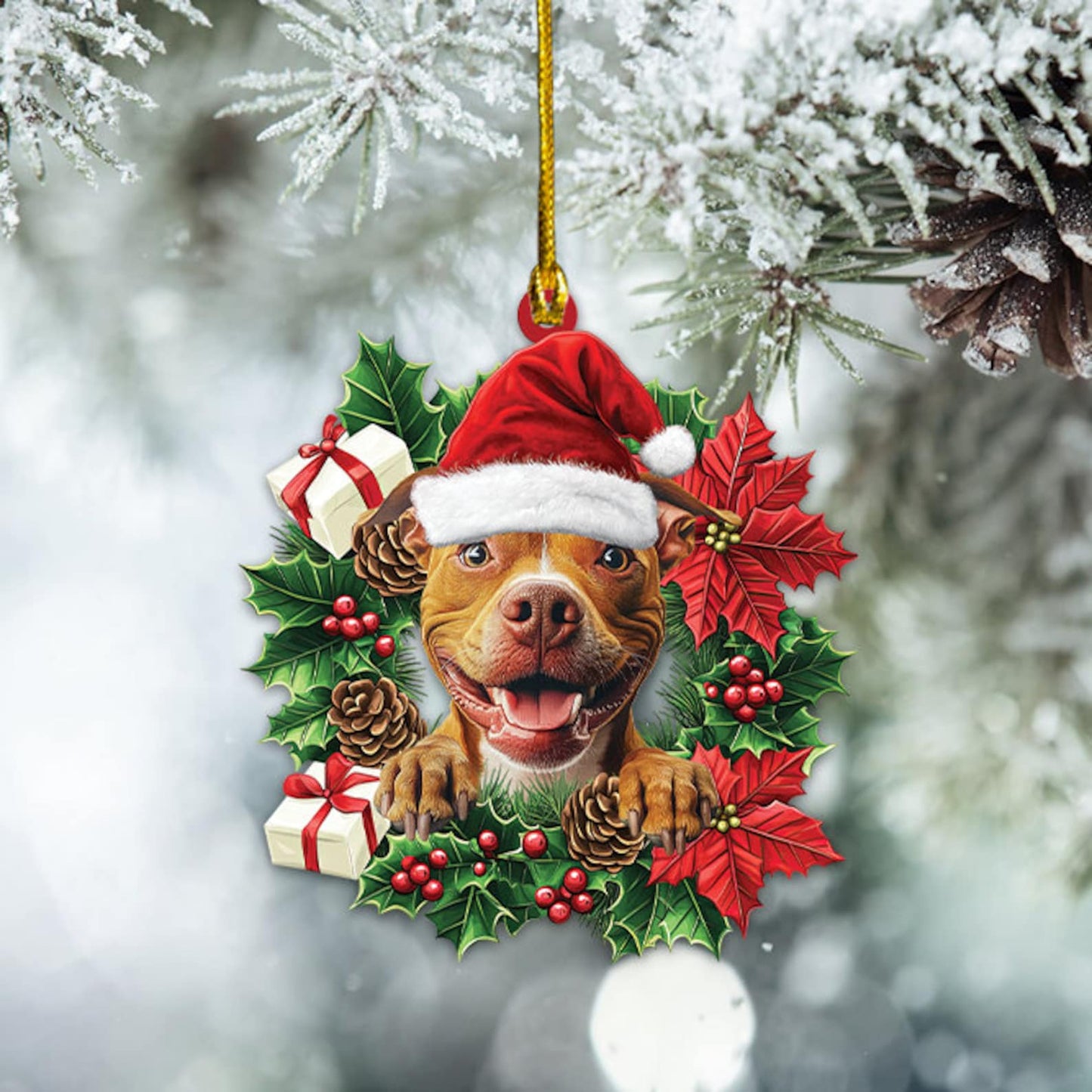 Pitbull Dog Christmas Wreath Ornament, Pit Bull Dog Christmas Ornament ON0808