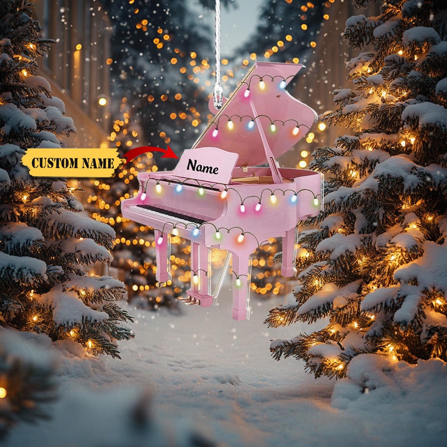 Personalized Pink Piano Light Christmas Ornament, Custom Name Piano Player Ornament ON1068