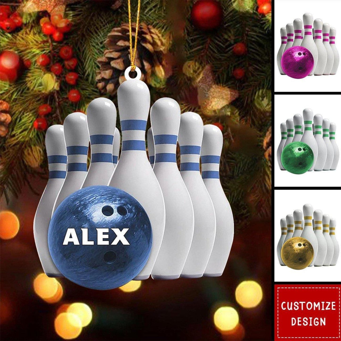 Personalized Bowling Pins Christmas Ornament, Custom Name Bowling Player Ornament ON1174