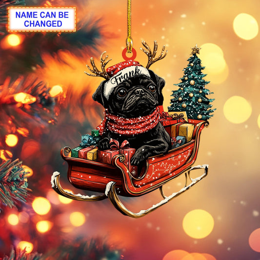 Personalized Black Pug With Santa Hat Sitting On A Red Sleigh Ornament, Custom Name Black Pug Ornament ON1642