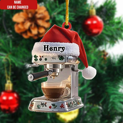 Personalized Coffee Machine with Santa Hat Christmas Ornament, Custom Name Coffee Lover Ornament ON1488