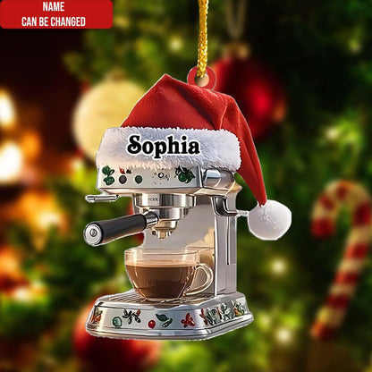 Personalized Coffee Machine with Santa Hat Christmas Ornament, Custom Name Coffee Lover Ornament ON1488