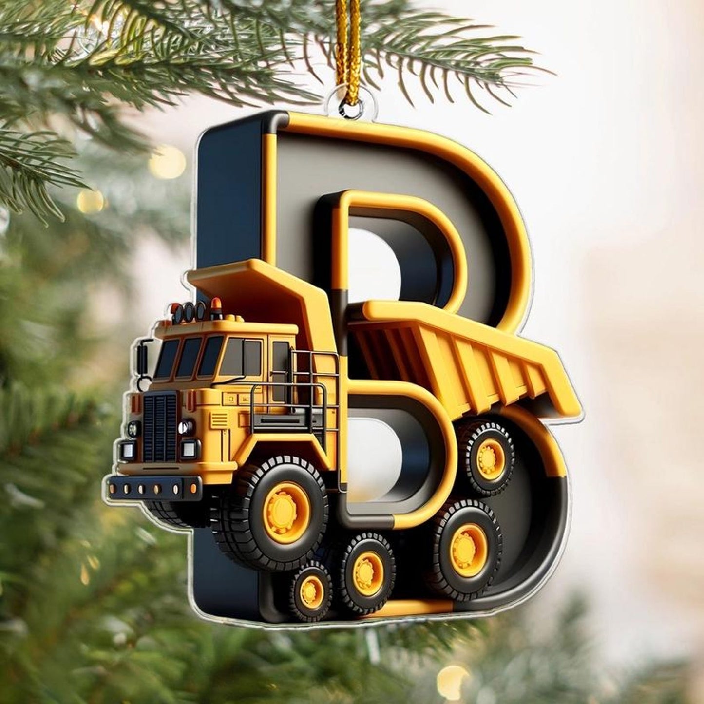 Personalized Construction Vehicle Letter Ornament 2024, Custom Initial Letter Truck Tractor Ornament ON0970