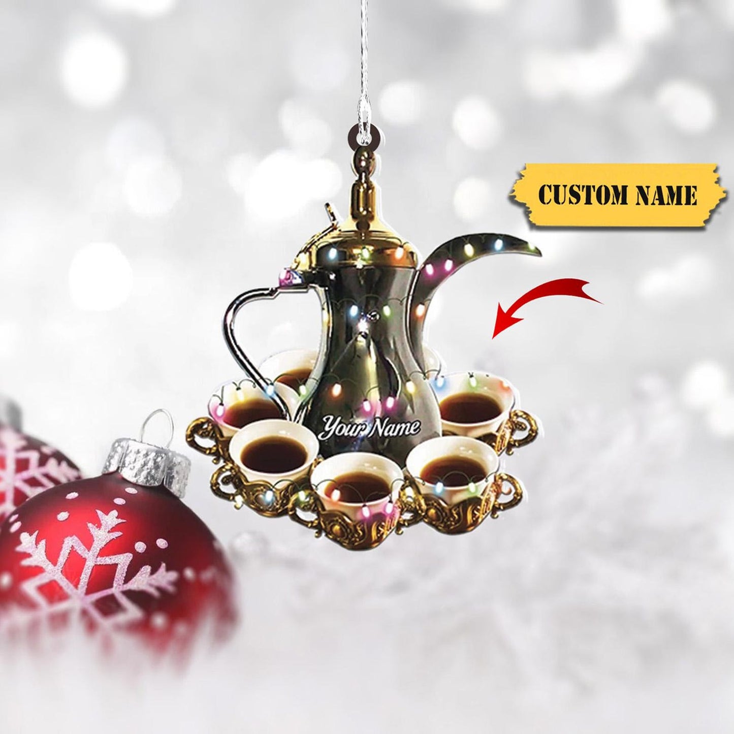 Personalized Arabic Coffee Christmas Light Ornament, Custom Name Coffee Lover Ornament ON1753