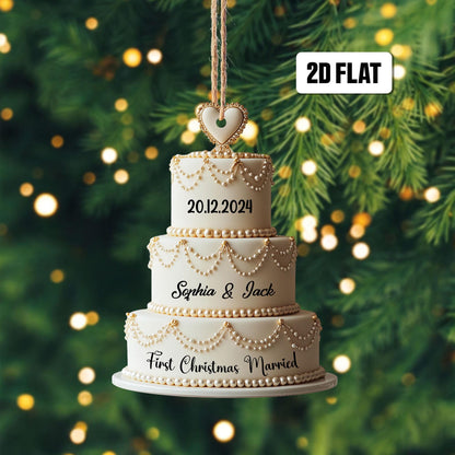 Personalized Wedding Cake Ornament, Custom First Christmas Married Ornament ON1486