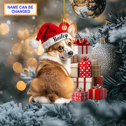 Personalized Corgi Sitting with Santa Hat Christmas Ornament, Custom Name Cute Corgi Dog Ornament ON1455