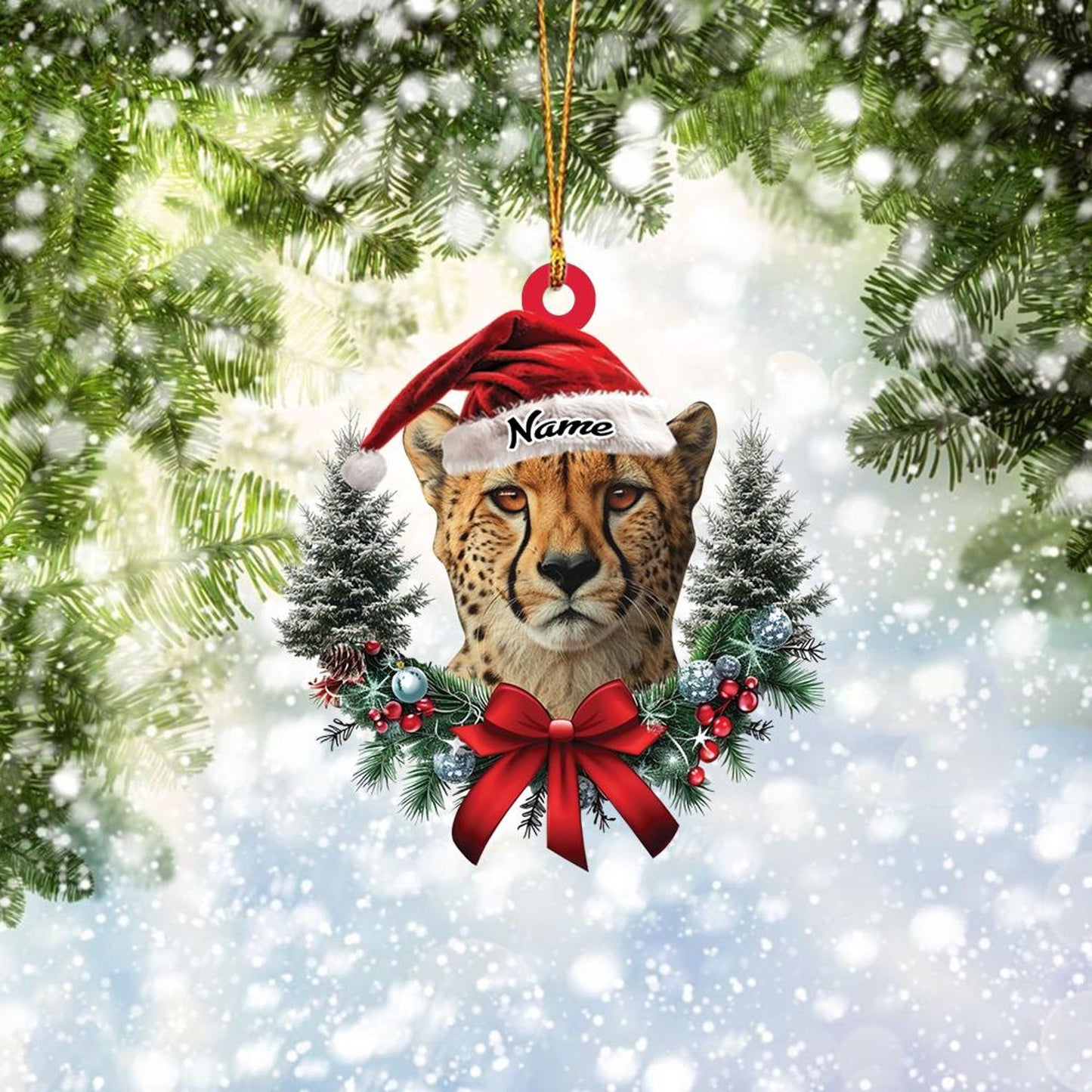 Personalized Cheetah Christmas Wreath Ornament, Custom Name Cheetah Lovers Ornament ON1273