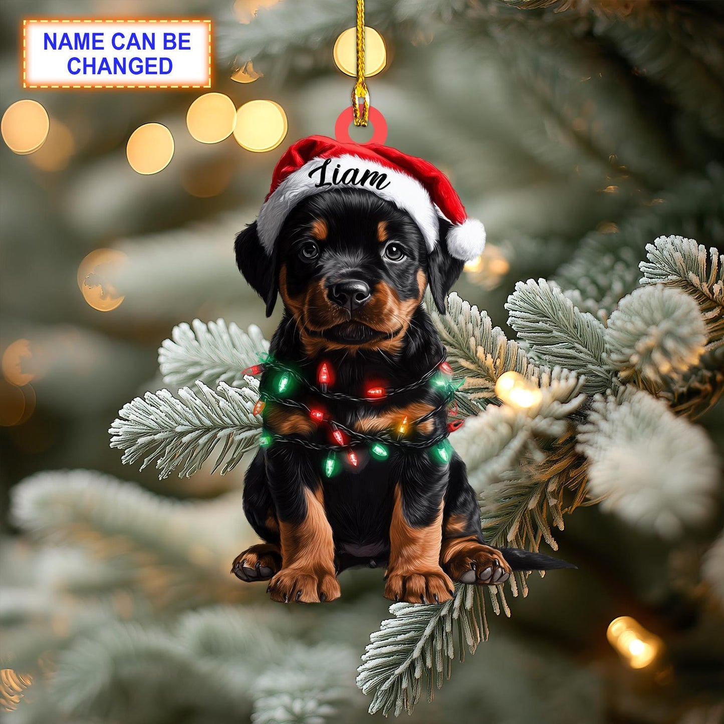 Personalized Rottweiler With Santa Hat Christmas Light Ornament, Custom Name Rottweiler Dog Ornament ON1457