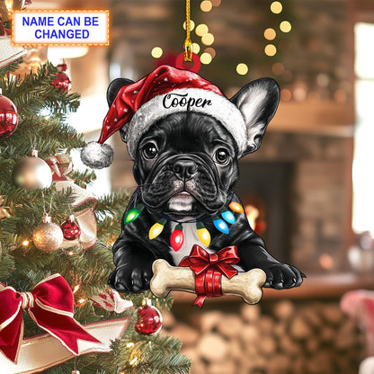 Personalized French Bulldog With Santa Hat Christmas Bone Ornament, Custom Name French Bulldog Ornament ON1454