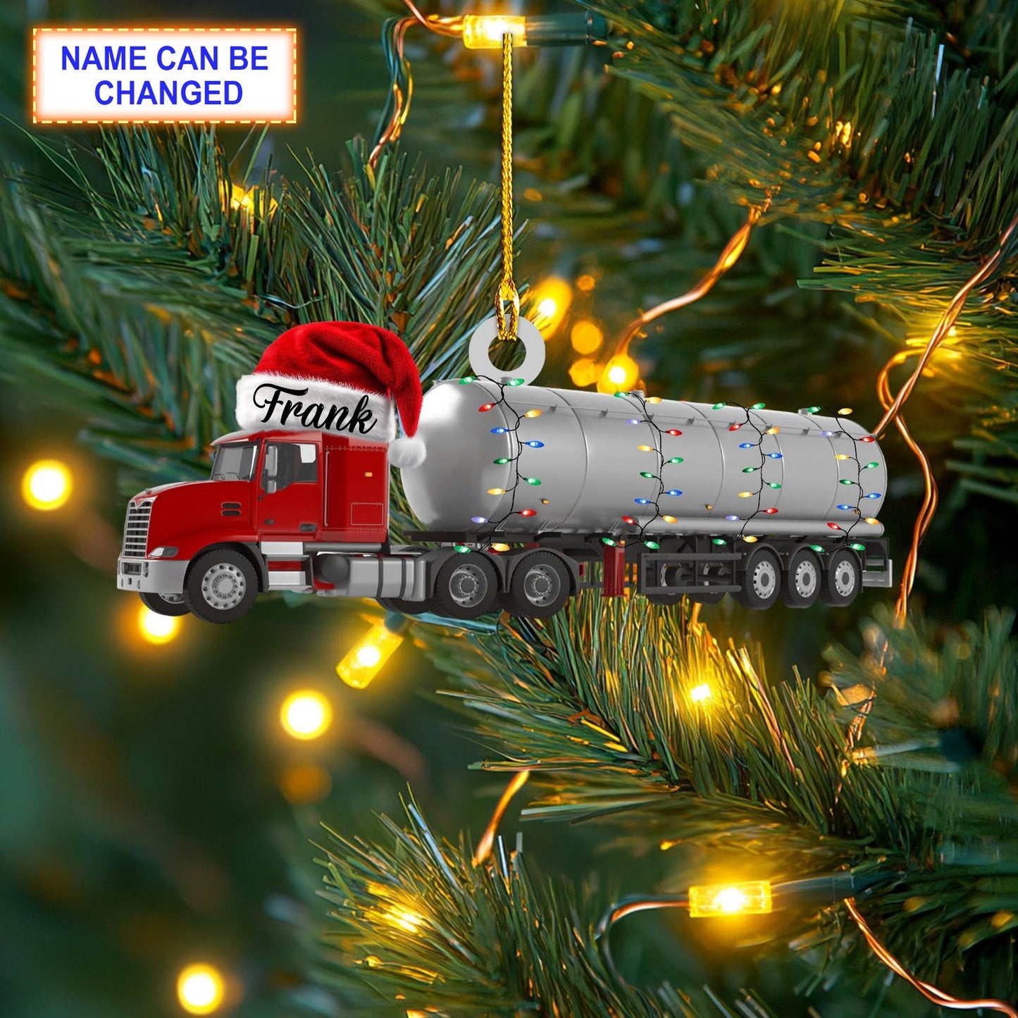 Personalized Oil Tanker Truck With Santa Hat Christmas Lights Ornament, Custom Name Trucker Christmas Ornament ON1639