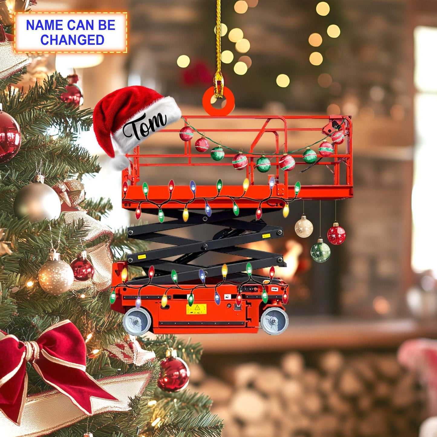 Personalized Scissor Lift With Santa Hat and Christmas Lights Ornament, Custom Name Scissor Lift Ornament ON1644