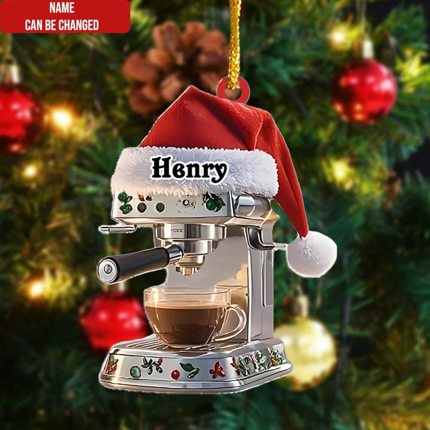 Personalized Coffee Machine with Santa Hat Christmas Ornament, Custom Name Coffee Lover Ornament ON1488