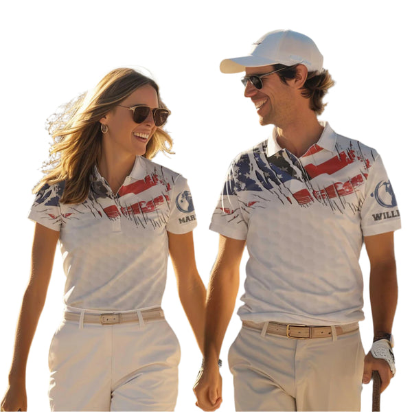 Matching American Flag Golf Polo Shirts For Couples, His And Hers Patriotic Golf Shirts GE0059