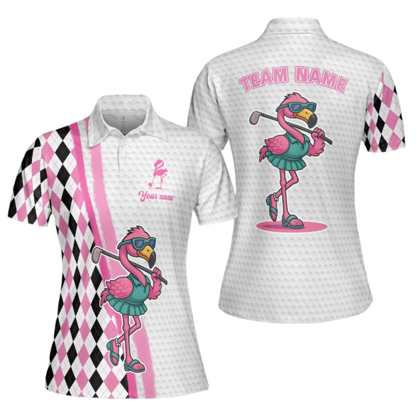 Custom Flamingo Argyle Golf Polo Shirts Women, Custom Team Flamingo Golf Shirts Ladies GE0066