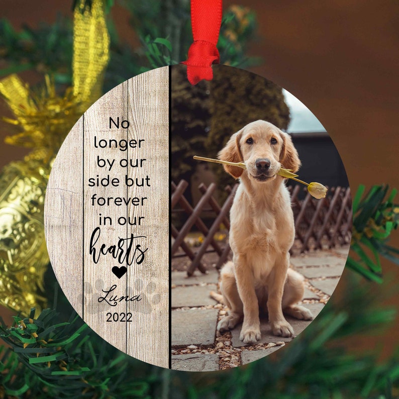 No Longer By Our Side But Forever In Our Hearts Custom Photo Ornament, Personalized Pet Memorial Ornament With Photo Name ON0036