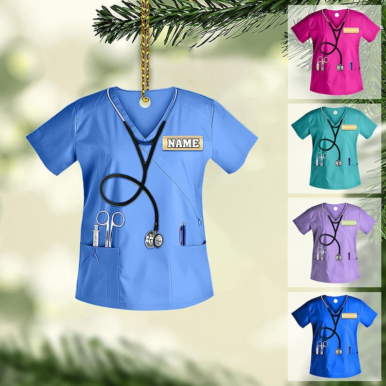 Personalized Scrubs Nurse Christmas Ornament with Name and Stethoscope, Custom Nurse Christmas Ornament ON0251