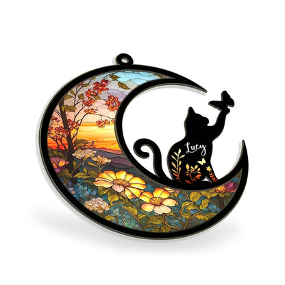 Personalized Cat Memorial Suncatcher, Custom Cat with Name Loss of Pet Sympathy Stained Glass Light Catcher Ornament ON0140