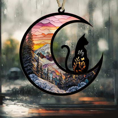 Personalized Cat Memorial Suncatcher, Custom Cat with Name Loss of Pet Sympathy Stained Glass Light Catcher Ornament ON0140