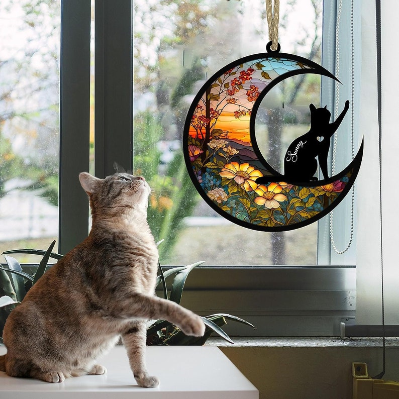 Personalized Cat Memorial Suncatcher, Custom Cat with Name Loss of Pet Sympathy Stained Glass Light Catcher Ornament ON0140