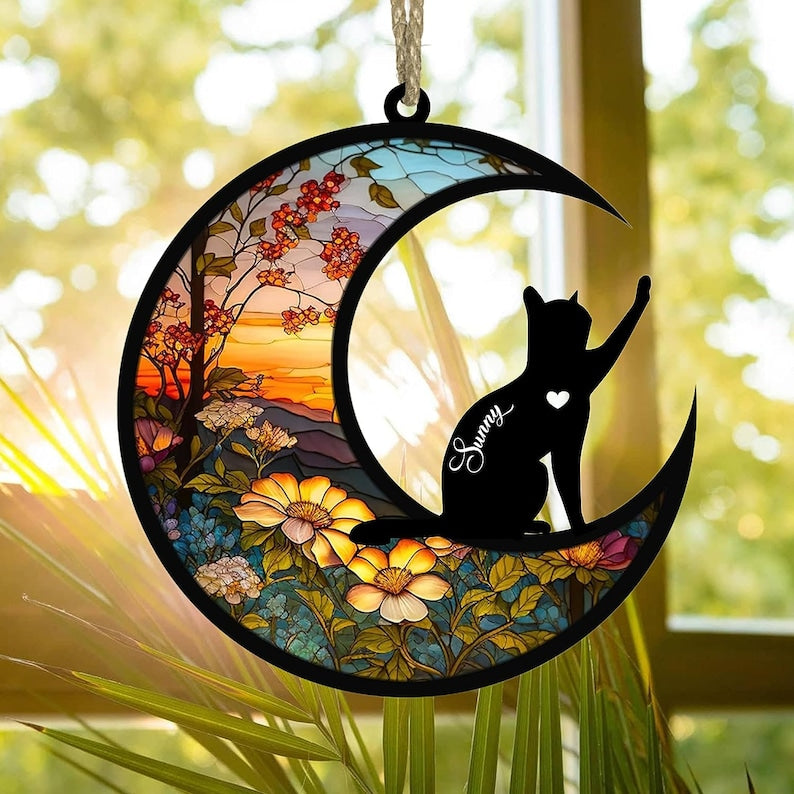 Personalized Cat Memorial Suncatcher, Custom Cat with Name Loss of Pet Sympathy Stained Glass Light Catcher Ornament ON0140