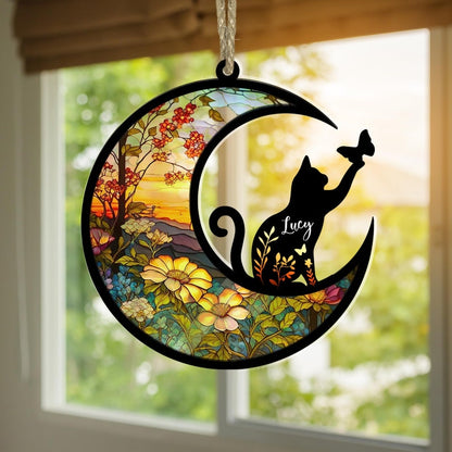 Personalized Cat Memorial Suncatcher, Custom Cat with Name Loss of Pet Sympathy Stained Glass Light Catcher Ornament ON0140