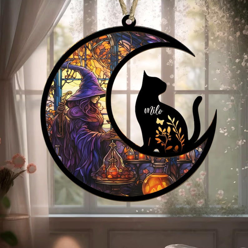 Personalized Cat Memorial Suncatcher, Custom Cat with Name Loss of Pet Sympathy Stained Glass Light Catcher Ornament ON0140