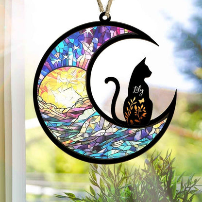 Personalized Cat Memorial Suncatcher, Custom Cat with Name Loss of Pet Sympathy Stained Glass Light Catcher Ornament ON0140