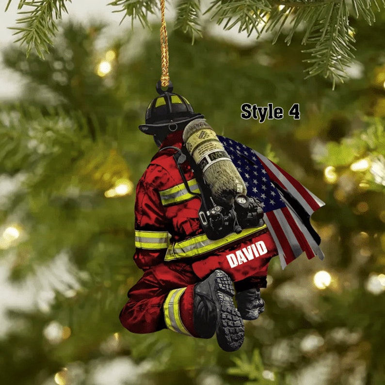 Personalized Firefighter and Fire Extinguisher Christmas Ornament for Fireman, Custom Name US Flag Firefighter Ornament ON0362